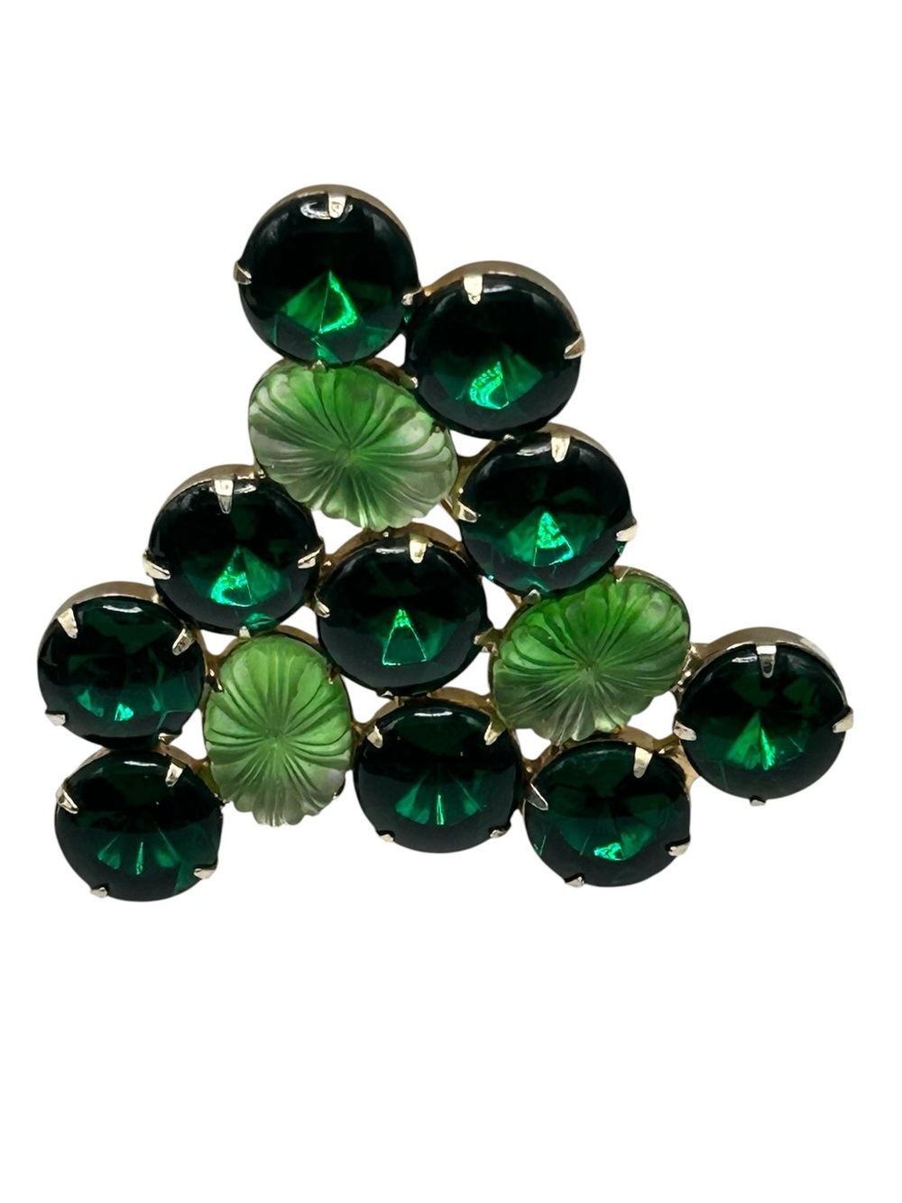 Vintage Green Glass Cabochon and Molded Glass Brooch